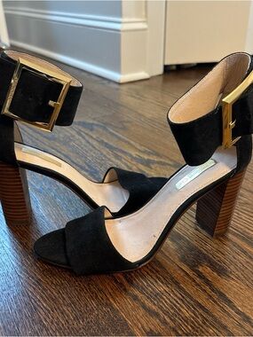 Black Suede Block Heel Sandals with Gold Buckle